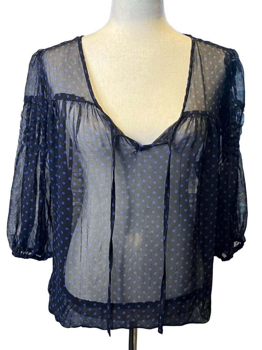 Ultra Flirt Blouse Size XL Black Blue Polka Dot Sheer V-Neck Long Sleeve